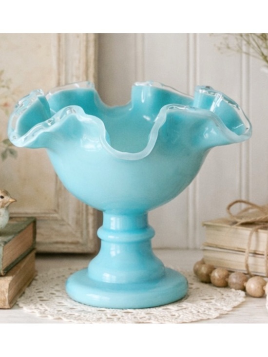Fenton Other - Vintage Fenton Silver Turquoise Crest Crimped Compote MCM Pedestal Bowl
